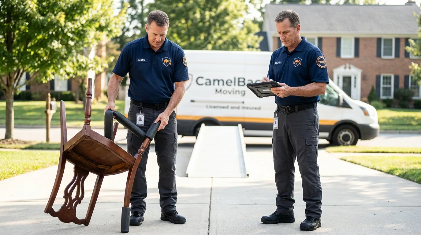 Movers inspecting furniture for damage prevention before loading in Grovetown, GA