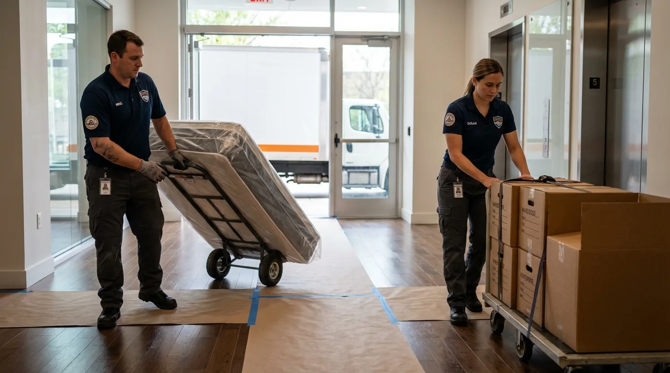 Professional apartment movers loading elevator in Grovetown, GA