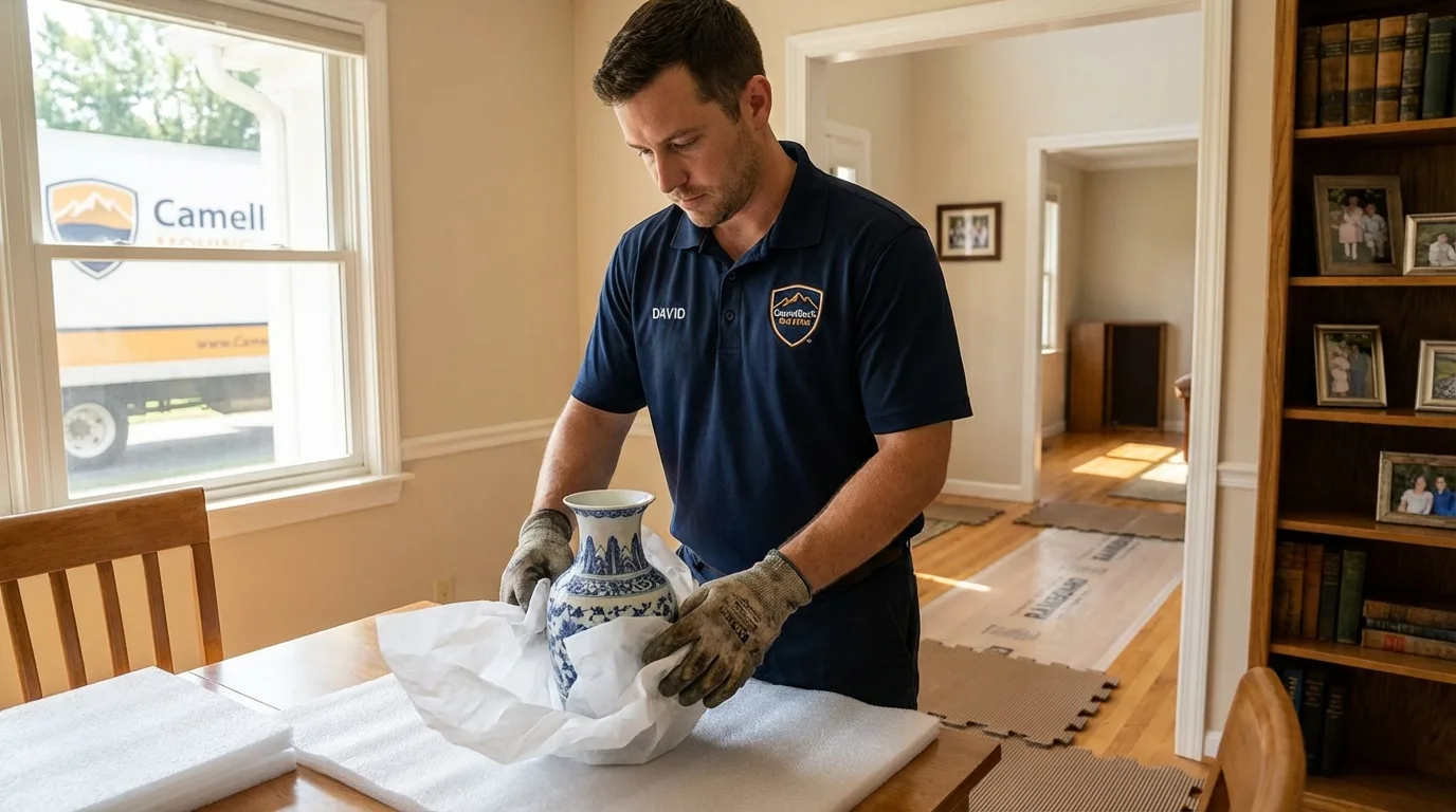 Professional crew carefully wrapping antique vase for senior downsizing move in Grovetown, GA